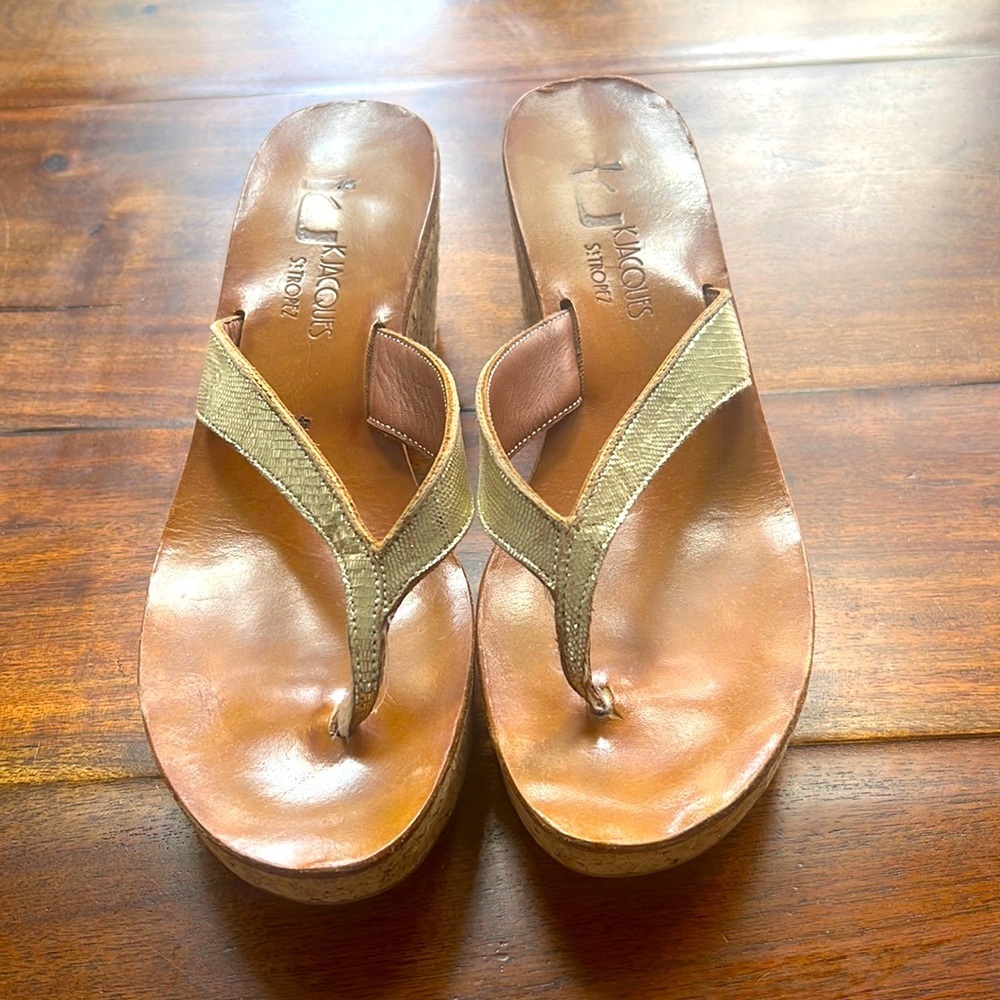 K Jacques St. Tropez Diorite gold scale thong platforms wedge